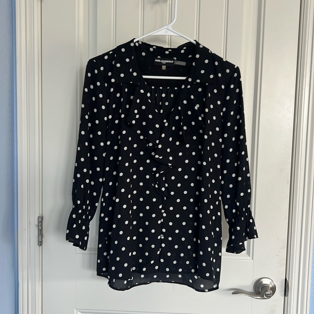 Karl Lagerfeld Paris Women's 3/4 Sleeve Polka-dot Ruffle Blouse Size Medium
